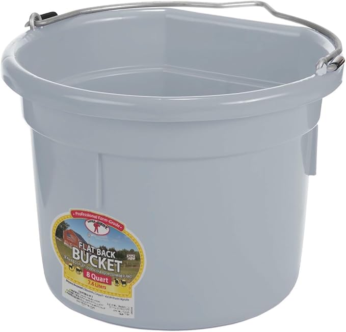 Little Giant® Flat Back Plastic Animal Feed Bucket | Animal Water and Feed Bucket with Metal Handle | 8 Quarts | Cool Gray