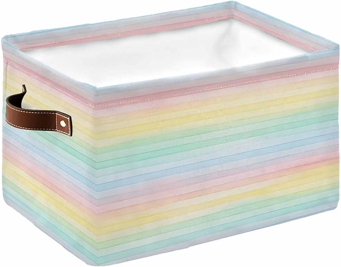 Colorful Striped Storage Bins Cubes Waterproof Cloth Storage Basket, Farmhouse Vertical Striped Watercolor Foldable Storage Bags for Shelf Closet Clothes Organizers with Handles 15x11x9.5 in 1PCS