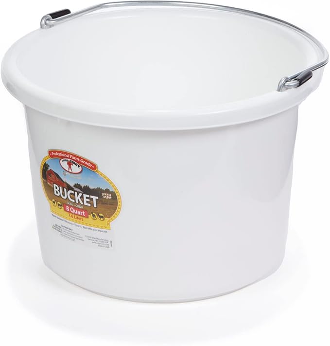 Little Giant® Plastic Animal Feed Bucket | Round Plastic Feed Bucket with Metal Handle | Made in USA | 8 Quarts | White