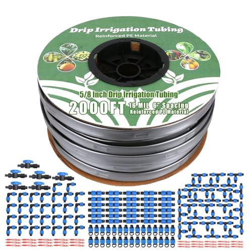 2000FT 5/8" Drip Tape Irrigation Kit, 16 Mil Heavy Duty with 6" Emitter Spacing, Silver Reflective Drip Tape Helps Prevent Pecking & Biting Damage, Heat-Safe for Seedlings, Reinforced PE Material