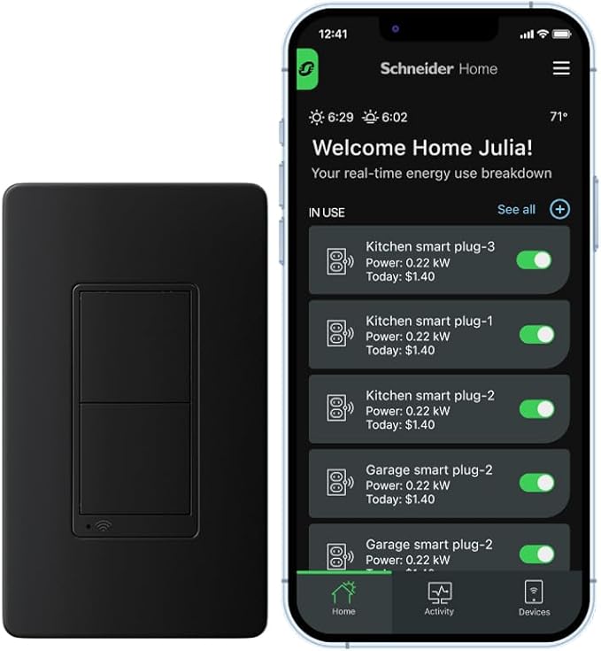 Square D by Schneider Electric X Series 15 Amp WiFi Energy Monitoring Light Switch, Single-Pole/3-way, 600 Watt, Rocker, Matter Certified, Works with Alexa, Google Home, Apple Home, Matte Black