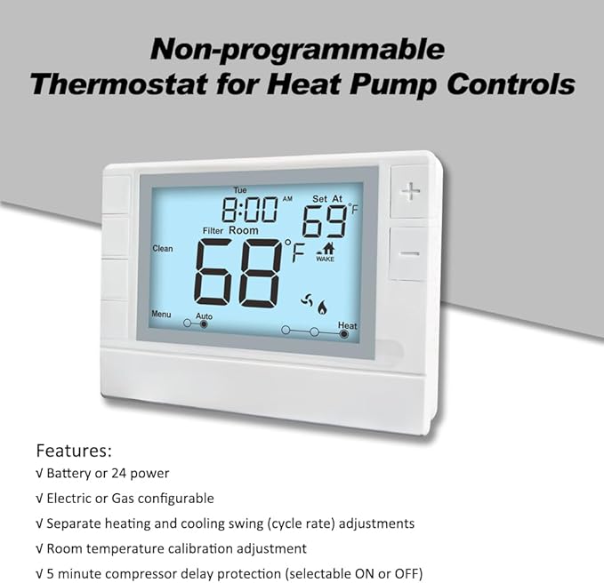Thermostat for Home, Premium Heat Pump Room Temperature Controller, up to 2H/1C, Easy-to-Read Large Display，White Backlight