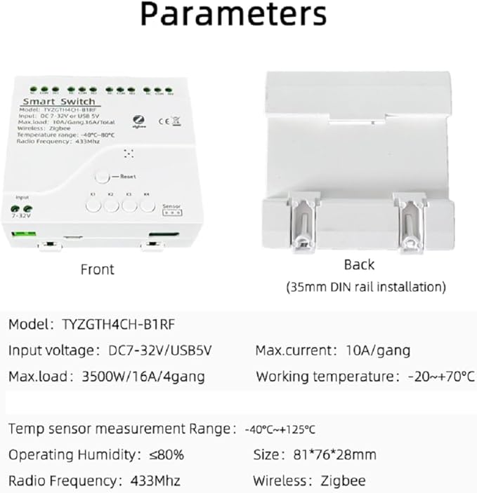 Tuya app Zigbee Temperature Humidity Sensor Controller,Phone Monitor and Control Temperature Humidity Anywhere with 4 Channel 32V 10A Dry Contact Relay Switch,Compatible with Alexa Google Home