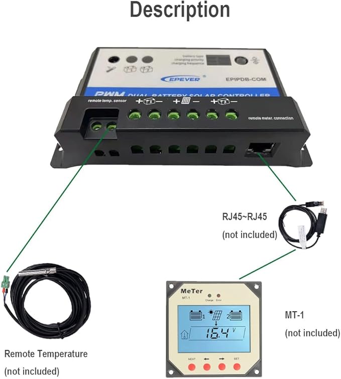 EPEVER Meter MT-1 Remote with LCD Display for Solar Charge Controller EPIPDB-COM Series 10A/20A Dual Battery Solar Panel Charging System