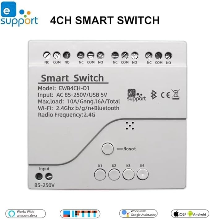 4 Channel WiFi& RF& Bluetooth Smart Dry Contact Relay Switch Module,Phone app Remote/Voice Control,Timer,Compatible with Alexa. (85-250V/USB 5V)