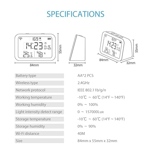 WiFi Thermometer Hygrometer, Smart Indoor Bluetooth Temperature Humidity Sensor with App Alerts, Temperature Humidity Time & Light Monitoring 4-in-1 Perfect for Greenhouse Home RV Wine Cellar