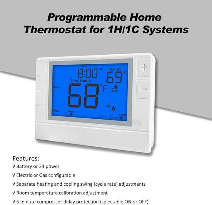 Programmable Thermostat for House, Single-Stage, 1 Heat/1 Cool, Energy-Saving Comfort, Blue Backlight