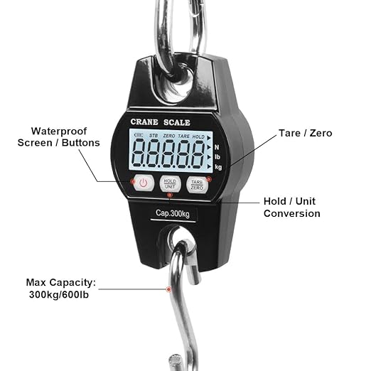 Fuzion Hanging Scale 660lb, Heavy Duty Crane Scale, Aluminum Body, Stainless Steel Hook, Hoyer Lift Scale with Hold/Tare, Digital Hanging Scales for Farms, Hunting, Fishing and Weighing Luggage