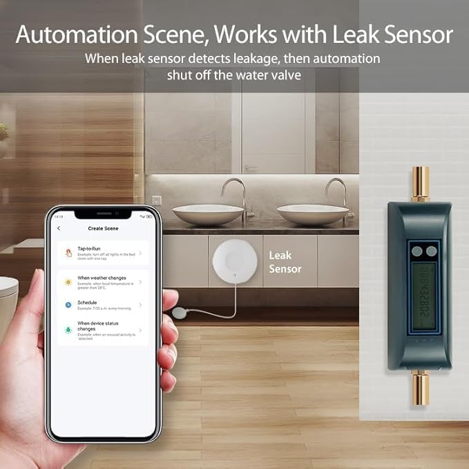 Haozee WiFi Smart Water Valve and Auto Shut-Off, Automation Scene Works with Leak Detector, Water Flow Meter, Built-in Battery, for 3/4" Diameter DN20 Pipe