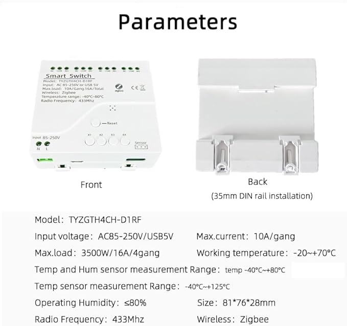 Zigbee Temperature Controller with Waterproof Temperature Sensor Probe ,Tuya app Remote 4 Channel 10A Clean Contact Relay Switch(tuya zigbee hub Needed)
