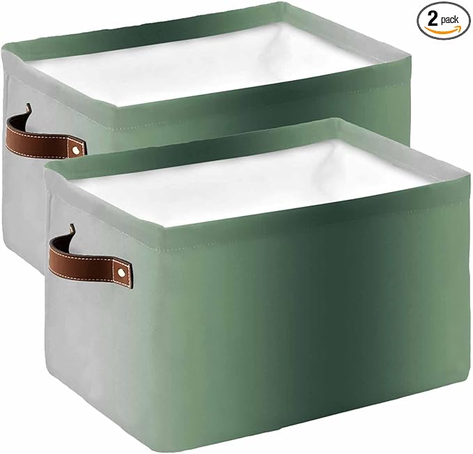 Green Grey Ombre Storage Bins Cubes Waterproof Cloth Storage Basket, Farmhouse Gradient Minimalist Foldable Storage Bags for Shelf Closet Clothes Storages Organizers with Handles 15x11x9.5 in 2PCS