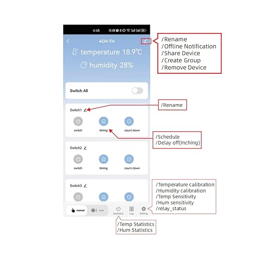 4 Ch WiFi Smart Temperature Humidity Realy Switch,AC 85-250V or USB 5V Smart Life/Tuya app Dry Contact Compatible with Alexa Google Home (AC 85-250V)