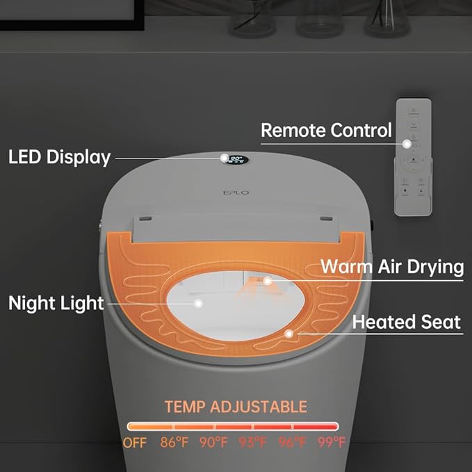EPLO Smart Toilet,One Piece Bidet for Bathrooms,Modern Elongated Toilet with Warm Water,Dual Auto Flush,Foot Sensor Operation,Heated Bidet Seat,Electric Tankless Toilets with LED Display E16