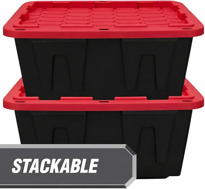 6 Pack, 27 Gallon Large Storage Bin with Snap Lid, Heavy Duty Plastic Storage Container, Black and Red