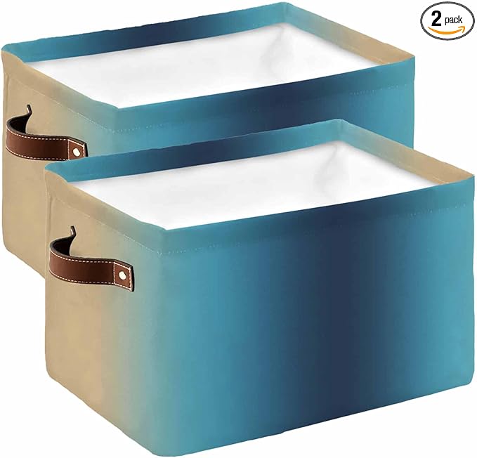 Blue Teal Yellow Ombre Storage Bins Cubes Waterproof Cloth Storage Basket,Farmhouse Modern Gradient Art Foldable Storage Bags for Shelf Clothes Storages Organizers with Handles 15x11x9.5 in 2PCS