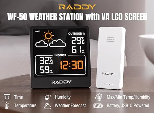 Raddy WF-50V Indoor Outdoor Thermometer Hygrometer, Wireless Weather Station Temperature & Humidity Monitor with 5.0’’ VA Display, USB-C Powered, Weather Forecast, Wireless Remote Sensor (Black)