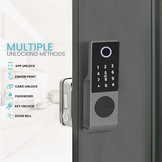 smart latch double gate lock, electronic gate latch for outdoor fence, waterproof keyless smart rim lock, electric double sided keypad locks, Fingerprint, Passcode, Key, IC Card, Tuya App