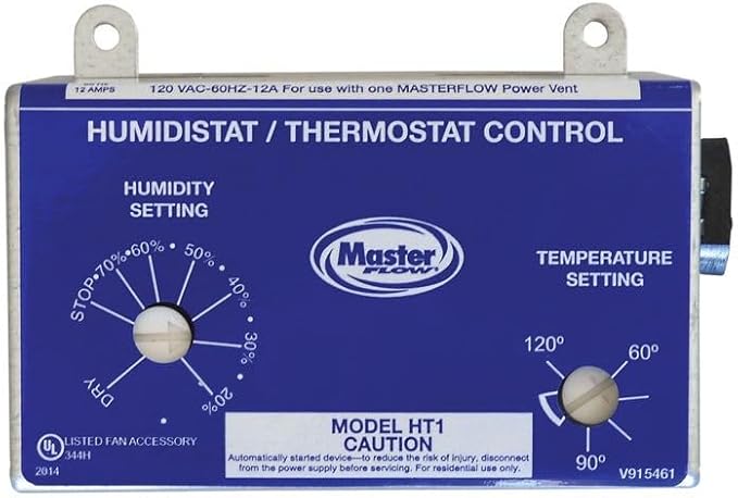 Master Flow GAF Adjustable Humidistat & Thermostat Combo for Power Vents & Fans | Controls Attic Moisture & Heat Buildup | Adjustable for All Climates | Universal Compatibility | UL Listed - HT1