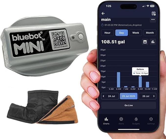 Bluebot Mini Smart Water Meter – WiFi Water Usage Monitor & Leak Detector, Clamp-On Ultrasonic Flow Meter, Real-Time App Monitoring, Easy DIY Install, Fits 3/4” and 1” Pipes, Indoor/Outdoor, Bundle 3