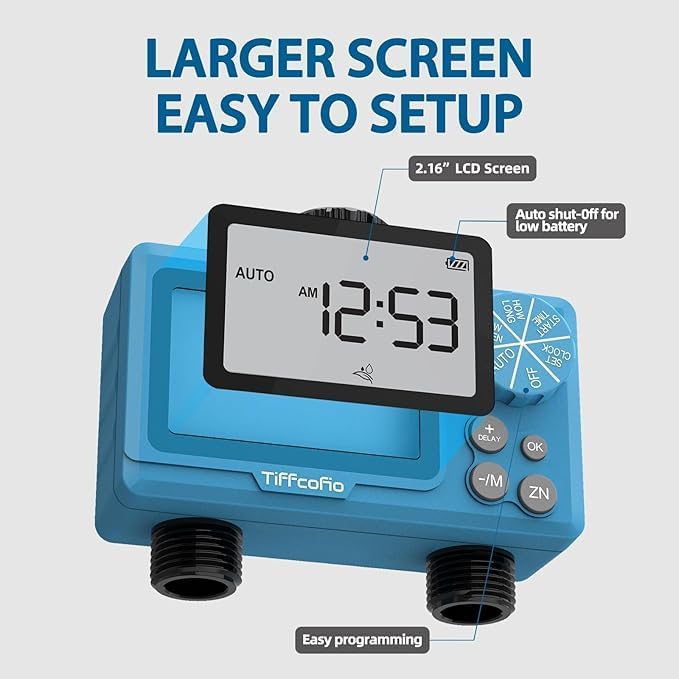 TiFFCOFiO Sprinkler Timer Outdoor, Digital Pogrammable for Garden Hose, Irrigrtion Timer with Rain Delay and Manual Mode (2 Oulets, 2 Packs)
