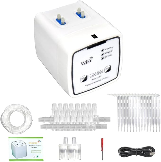 WiFi Intelligent Watering Device Double Pump Timed Automatic Drip Irrigation System Remote APP Controller Compatible with Garden Plant Flower Systems(15 Pots)