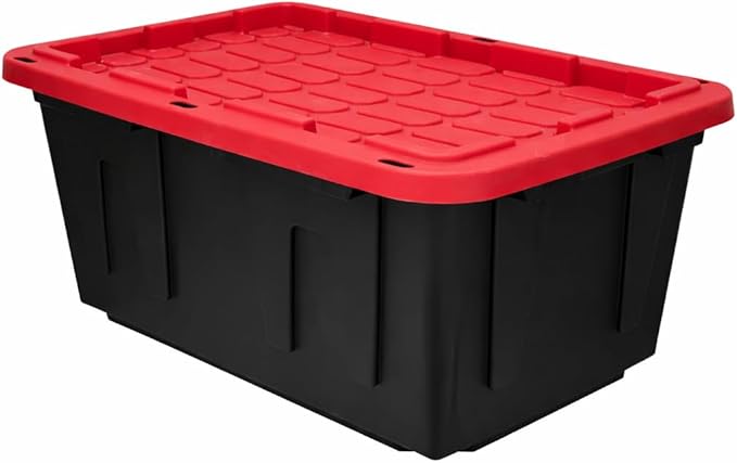 6 Pack, 27 Gallon Large Storage Bin with Snap Lid, Heavy Duty Plastic Storage Container, Black and Red