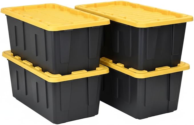 27 Gallon Heavy Duty Storage Container with Lid, Plastic, Durable and reusable, used indoor and outdoor, 20.6" D x 30.6" W x 14.3" H, 4 Pack Or 8 Pack ! (Yellow and Black, 4 Pack)