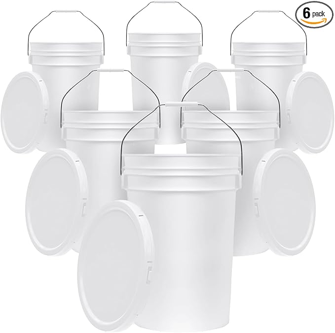 6.5-Gallon White Bucket Pail Container with Lid | Food Grade | Heavy-Duty 90MIL Extra Durable | Metal Handles with Plastic Grip for Easy Carrying | Multi-Use | Easy Stack and Store | BPA Free - 6 Pack