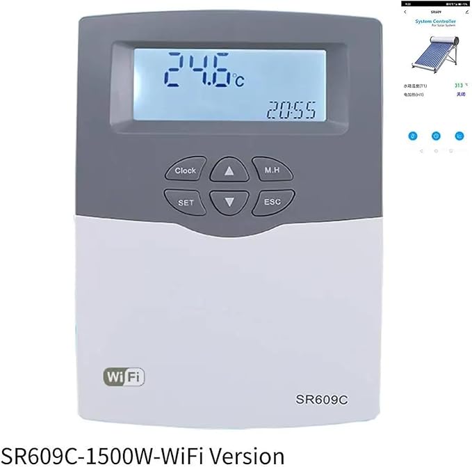 Solar Water Heater Controller SR609C - WiFi, For Pressurized Integrated Solar Tank System, With Intelligent Heating, Timer & Temperature Control(1.5KW-WiFi Version)