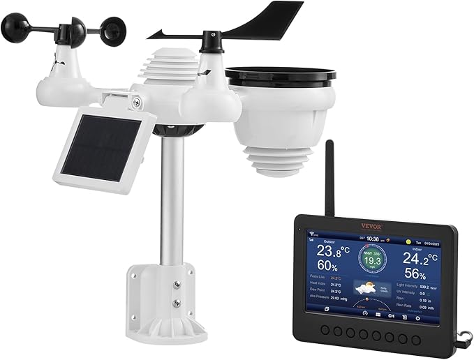 VEVOR 7-in-1 Wi-Fi Solar Self-Charging Weather Station with 7" TFT Color Display, Solar-Powered Outdoor Sensor, Indoor&Outdoor Monitoring for Temperature, Humidity, Wind Speed/Direction and Rainfall