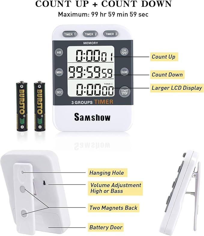 (2 Pack) Digital Kitchen Timers for Cooking Triple Timer Count UP/Down Dual Timer Large LCD Display, Adjustable Volume Loud Alarm, Magnetic Stopwatch, Battery Included White