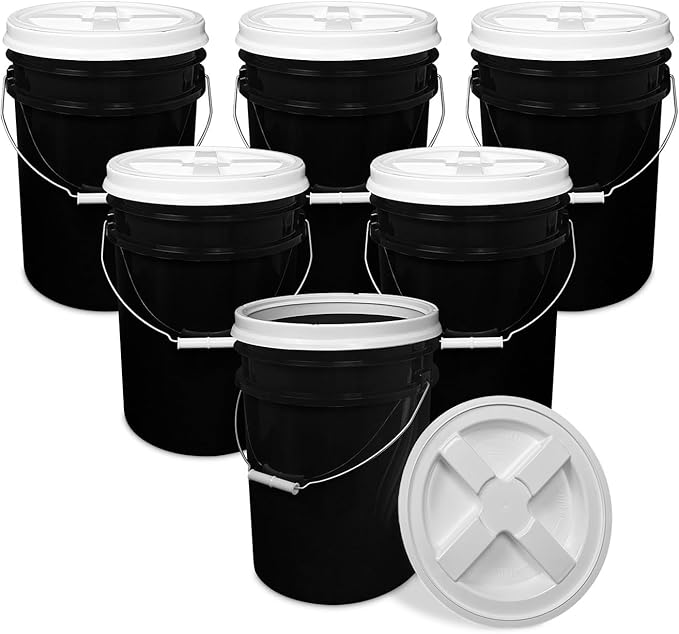 ePackageSupply 5 Gallon Bucket - Food Grade Bucket with Airtight Gamma Seal Screw-On Lid, BPA-Free, Heavy-Duty 90 Mil HDPE Plastic, Bulk Storage, Durable Container, Made in USA, Black/White, 6 Packs
