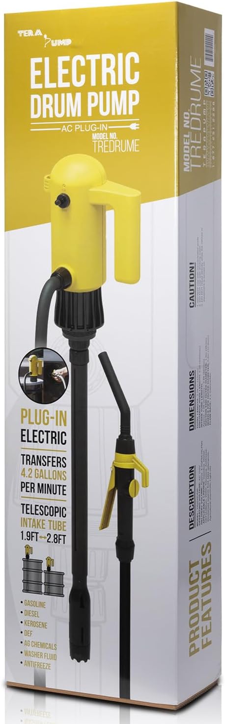 TERA PUMP Chemical Resistant Drum Pump (4.2 GPM) E85 & E15 12 Volt DEF Pump- Electric Plug-In Power for All Day Use - Safe For Liquids Such As Gasoline, Diesel & more