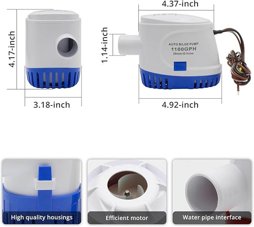 1100GPH 12V Auto Bilge Pump, Marine Automatic Bilge Pump Built-in Float Switch, Suitable for Boats, Yacht, Pools