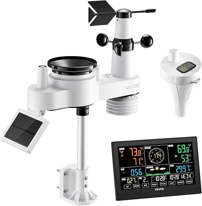 VEVOR 7-in-1 Wi-Fi Weather Station with APP, 7.5 in Display, Wireless Solar Powered Outdoor Sensor, with Pool Thermometer, Rain Gauge, Indoor Outdoor for Weather Forecast, Wind Speed, Pool Temperature