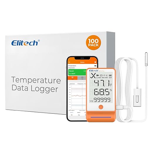 Elitech 100pack Bluetooth Thermometer Data Logger Temperature for Refrigerator with Shadow Data 100000 Points Export PDF/CSV Report, Pharmacy Vaccine DDL Calibration Certificate MAX MIN AVR MKT GSP-6G