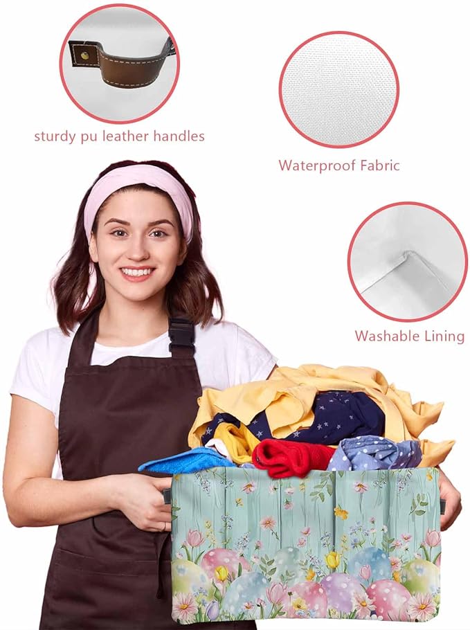 Easter Eggs Storage Bins Cubes Waterproof Cloth Storage Basket,Spring Daisy Eucalyptus Leaves Teal Wooden Foldable Storage Bags for Shelf Clothes Storages Organizers with Handles 15x11x9.5 in 1PCS