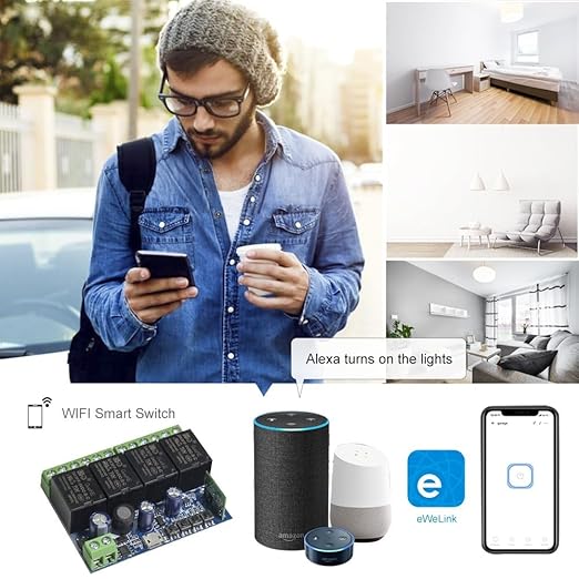 Ewelink WiFi Wireless Smart Relay Module USB 5v 4 Channel Inching Self-Lock Latched Dry Contact Remote Switch for Access Control, Garage Door,Home Automation, Compatible with Alexa Google Home