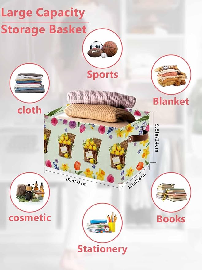 Spring Floral Storage Bins Cubes Waterproof Cloth Storage Basket, Watercolor Lemons Garden Flowers Rustic Green Foldable Storage Bags for Shelf Closet Clothes Organizers with Handles 15x11x9.5 in 1PCS