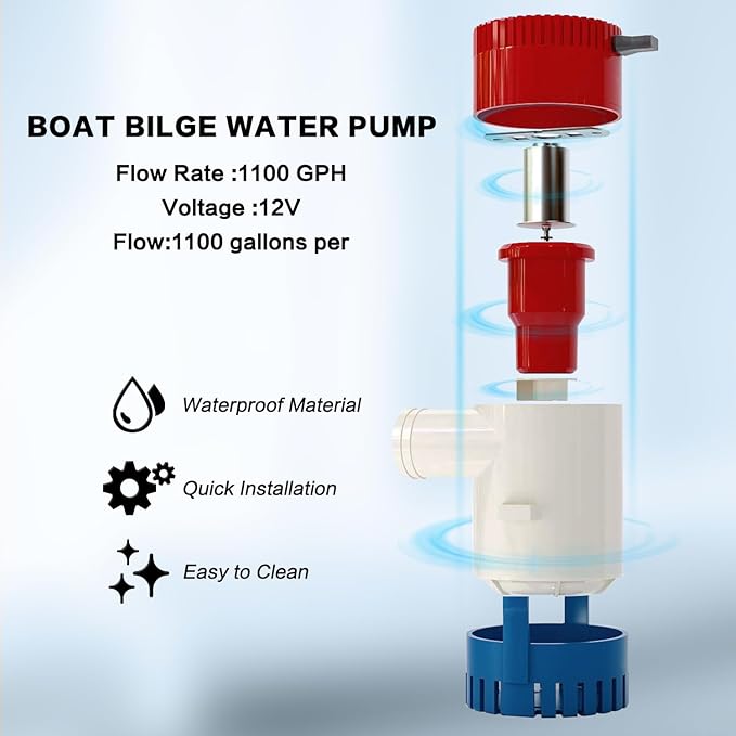 1100GPH 12V Boat Bilge Water Pump, 1-1/8" 6FT Kink-Resistant Bilge Pump Hose, ABS Thru-Hull Fitting, 2PCS Stainless Steel Clamps for Boat Marine