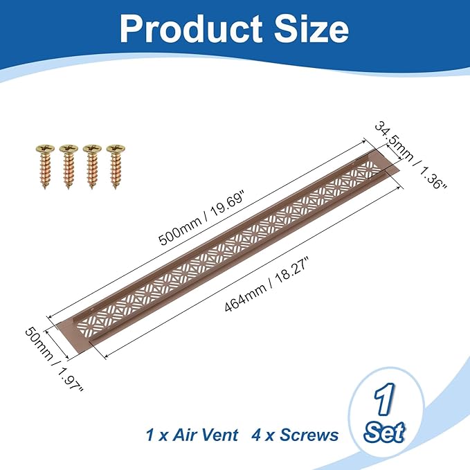 uxcell Aluminum Alloy Air Vents, 500 x 50mm / 19.7 x 2" Rectangle Louvered Ventilation Grille Cover with Mounting Screws for Door Cabinet Wardrobe, Brown