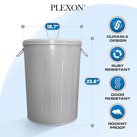 Plexon 20 Gallon Metal Trash Can with Lid Outdoor Large Trash Bin Steel Garbage Can for Garage Patio Farmhouse Bucket Bird Seed Storage Can Heavy Duty Round Container, Gray 2 Pack