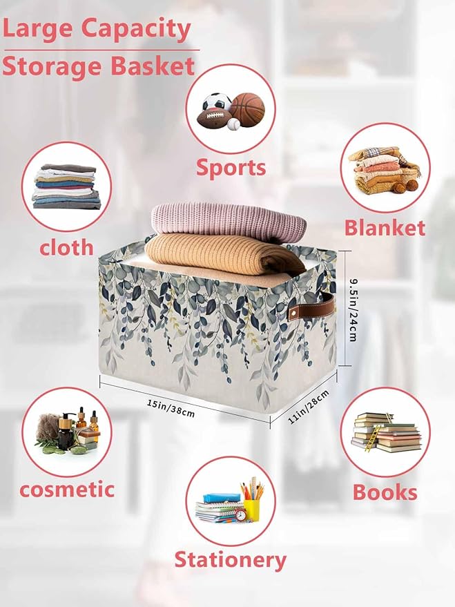 Blue Grey Eucalyptus Storage Bins Cubes Waterproof Cloth Storage Basket,Farmhouse Weeping Leaves on Linen Foldable Storage Bags for Shelf Clothes Storages Organizers with Handles 15x11x9.5 in 2PCS