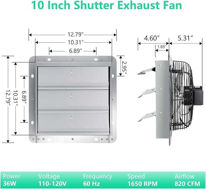 Shutter Exhaust Fan,10 inch Wall Mount Ventilator Fan with ON/OFF Switch,820 CFM,1650 RPM, Attic Vent Fan for Greenhouse,Barn, Garage, Shed,Chicken Coops Ventilation Fans