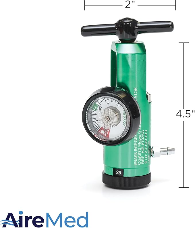 AireMed Oxygen Regulator 0-25LPM, CGA-870 Gauge Flow Rate – Includes Wrench Key, 5 Brass Yoke Washer Seals, and 2 Oxygen Tubing Swivel Connectors - Ergonomic Handle Design - Green