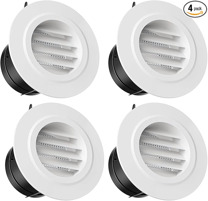 HG Power 3 Inch Vent Cover, ABS Louver Soffit Vents with Built-in Screen Mesh, 4 Pack – Round Exhaust Vent for Inline Duct, Exhaust Fan, Dryer Vent Hose, and HVAC Ventilation, 75mm, White