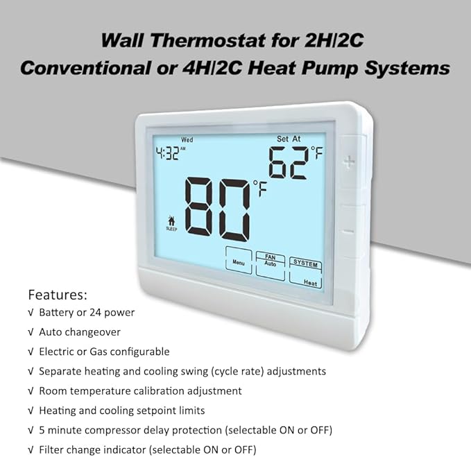 Programmable Thermostat for House, Auto Changeover Heat Pump Thermostat for Multi-Stage,2H/2C Conventional Systems or 4H/2C – Automatic Switching Between Heating & Cooling Modes, White Backlight