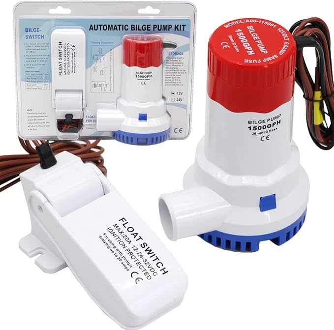 Electric Boat Bilge Pump with Float Switch for Boat Set, 1500GPH 12V Bilge Pump Kit with Automatic Float Switch