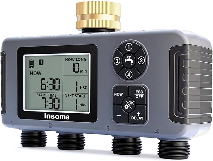 Insoma 4-Zone Water Timer with Brass Inlet, Automatic Garden Hose Timer with Manual/Rain Delay & Large Display, IPX5 Waterproof Faucet Timers for Sprinkler System, Yard, Lawn, Greenhouse