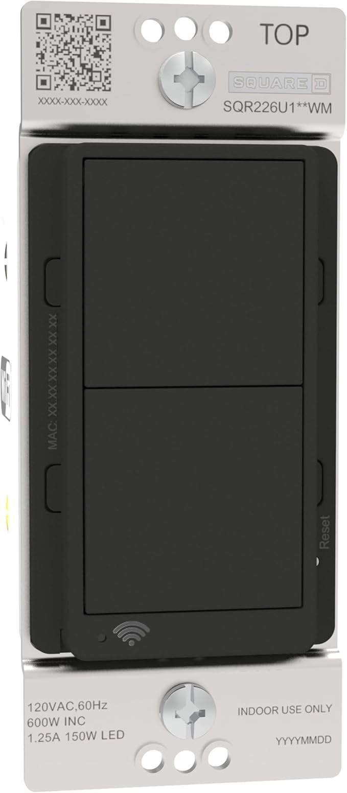 Square D by Schneider Electric X Series 15 Amp WiFi Energy Monitoring Light Switch, Single-Pole/3-way, 600 Watt, Rocker, Matter Certified, Works with Alexa, Google Home, Apple Home, Matte Black